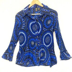 Sere Nade Accordion Pleated Button Up Blouse‎ Womens Medium M Blue Retro Disco